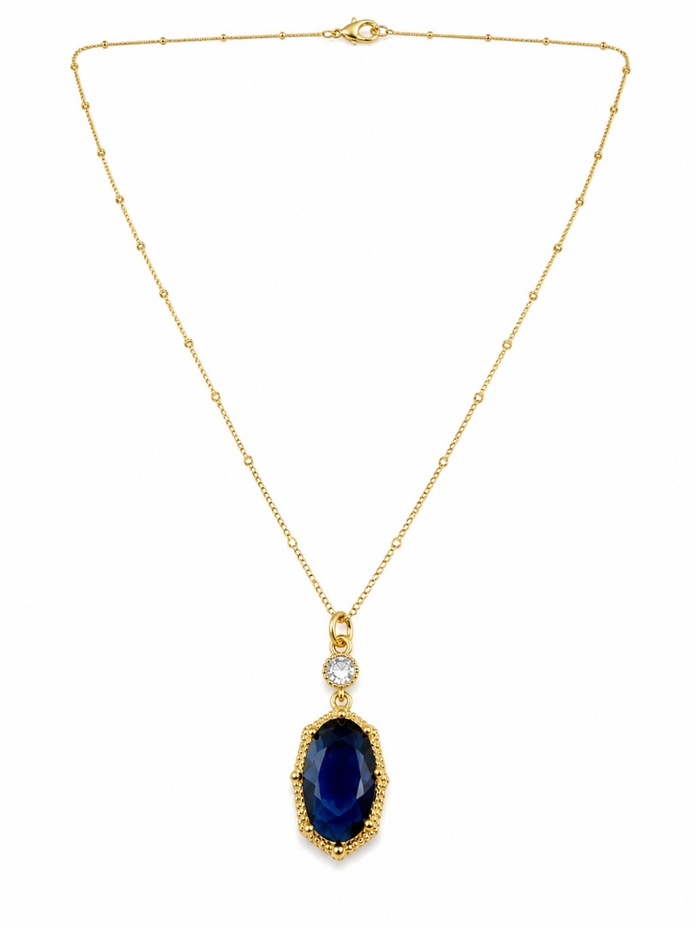 Gold-toned Necklace with Deep Blue Pendant and Clear Accent